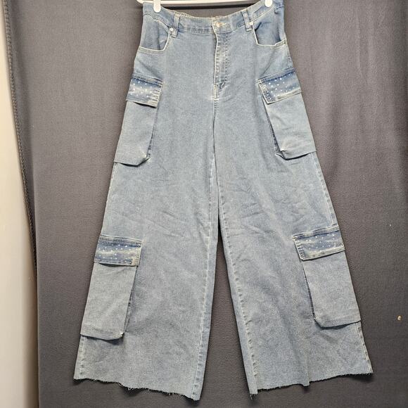 Madden Nyc Denim - Madden NYC Jeans Women M Blue Wide Leg Cargo Raw Hem Utility Rhinestones Skater